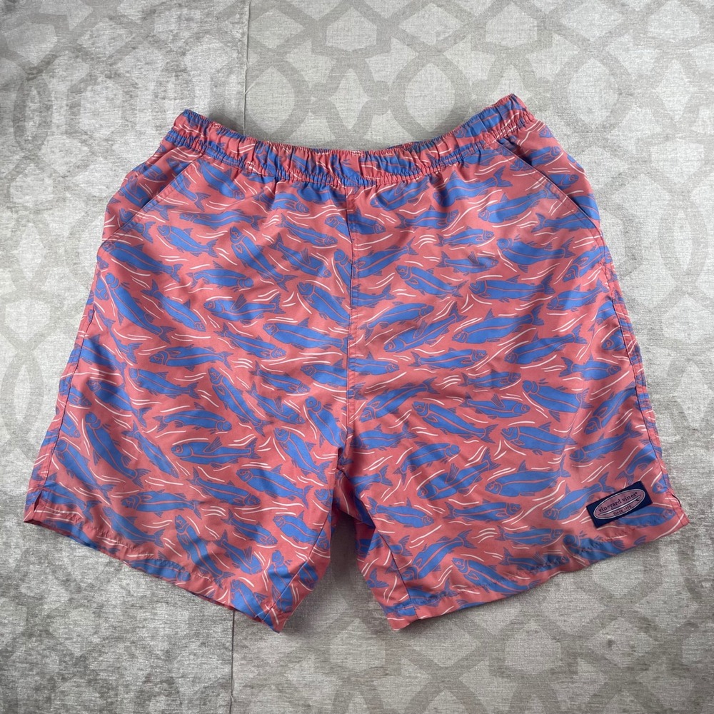 Vineyard Vines Swim Trunks Mens M Pink Blue Fish Print Mesh Lined Board Shorts